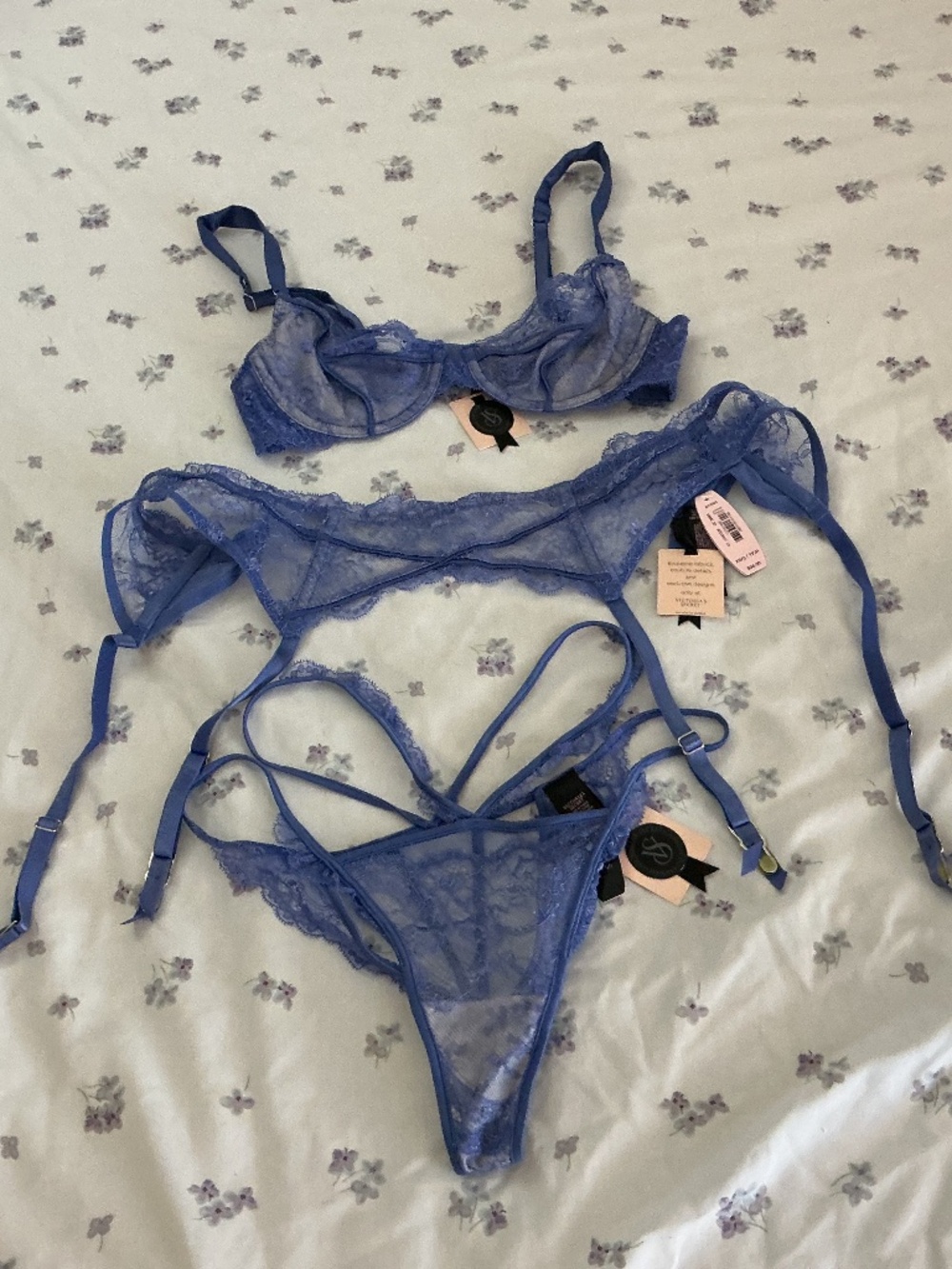 Victoria’s Secret Periwinkle Designer Collection Set Bra, Panty, Garter Belt